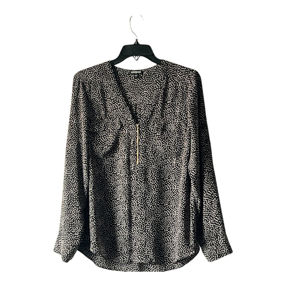 Express Women's Micro-Dot Lightweight V Neck Adjustable Sleeve Blouse Size M